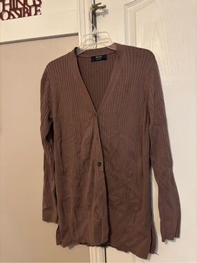BrassRibbed V-Neck Long Cardigan in Taupe Brown